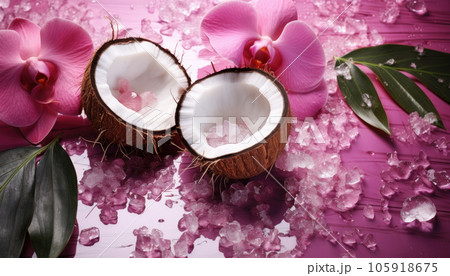 Fresh juicy coconut halves, palm leaves and flowers painted in metallic pink with water droplets 105918675