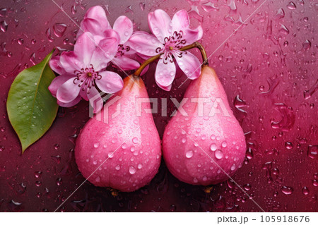 Two juicy ripe red pears painted in metallic pink with white and pink flowers , 105918676