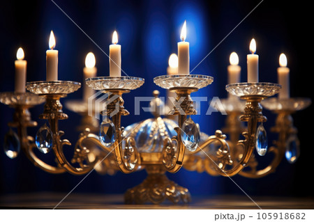 Close-up of a beautifully lit Hanukkah menorah Close-up of a beautifully lit Hanukkah menorah 105918682
