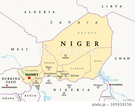 Niger, landlocked country in West Africa, political map with borders, regions, the capital Niamey and largest cities. The Republic of the Niger is a unitary state. Most of its area lies in the Sahara. 105919156