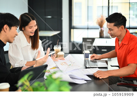 Interior design meeting with project in meeting room. Interior design meeting with project in meeting room. 105919909