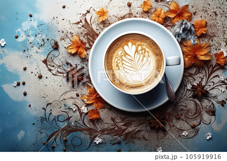 Photographic composition with a cup of fresh coffee Photographic composition with a cup of fresh coffee 105919916