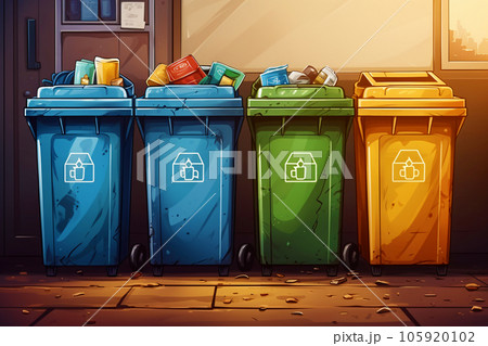 Collection of a garbage can full of various types of garbage, the concept of recycling and separate waste collection. 105920102