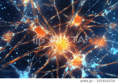 Science and medicine abstraction with neurons transmitting synapse signal. Neural system with impulse going through nerve cell. Generated AI. Science and medicine abstraction with neurons transmitting synapse signal. Neural system with impulse going through nerve cell. Generated AI. 105920250