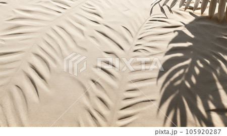Plam leaves on the tropical beach sand background. Vacation and relaxation concept with dry palm leaves on the hot summer beach. Generated AI. 105920287