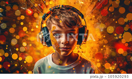 Boy or young man wearing headphones and listening to the exciting music. Juicy color splashes around. Generated AI. 105920293