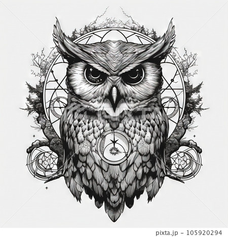 Wild owl with mystic design elements. Occult wise bird black and white symbol in vintage style. Generated AI 105920294