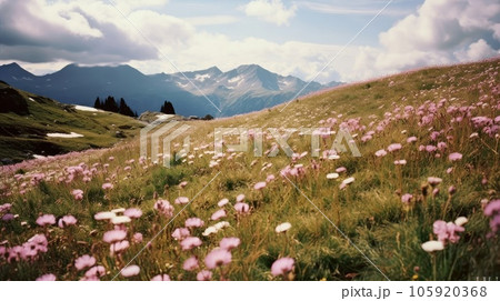A field of grass and purple flowers, mountains and a bright spring sky in the background. Generative AI 105920368