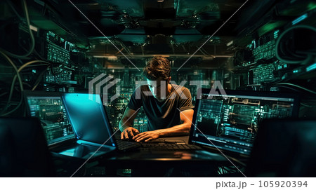Man sitting with laptop in the secret laboratory. Hacker sending the virus. Generated AI. 105920394