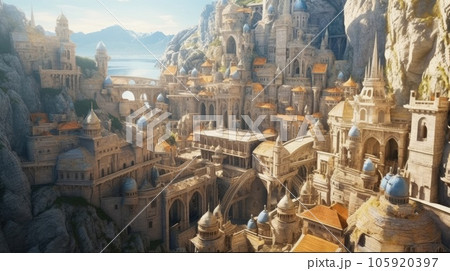 A great fantasy city over a river valley with stone buildings and ancient bridges to cross over to the other side. Generative AI 105920397