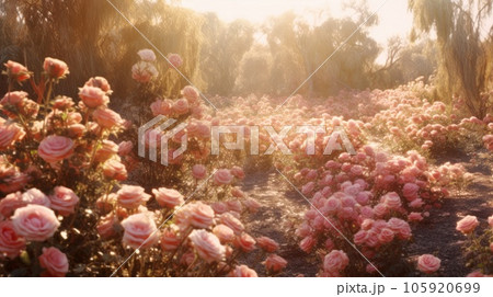 Pink rose field in sunset light, in the style of sun rays shining upon a field of roses. Generative AI 105920699