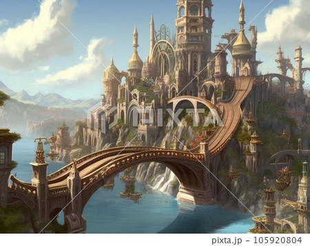 A city in water with a bridge, in the style of mythology-inspired architecture, with a bright sky in the background. Generative AI 105920804