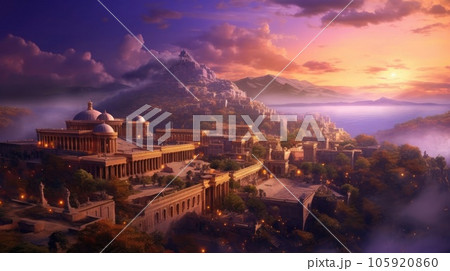 A big fantasy castle in the mountain, a hill and a sunset in the background, inspire the idea of a large fort among mountains. Generative AI 105920860