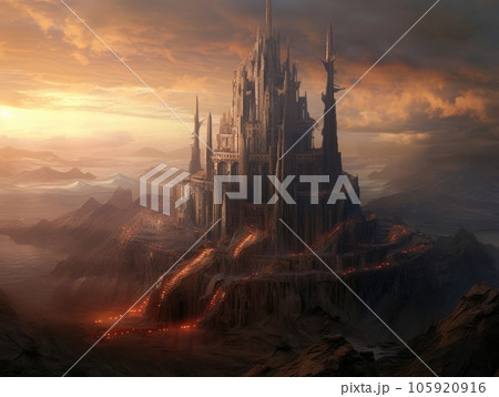 A building in the middle of the lowland and near a river under the evening sun, overlooking the horizon. Generative AI 105920916