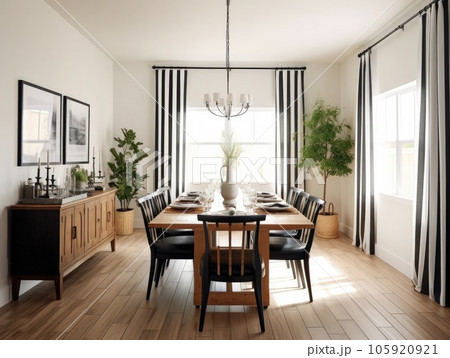 Dining room with wooden table and black chairs, decorated with green trees, natural light shines through windows. Generative AI 105920921