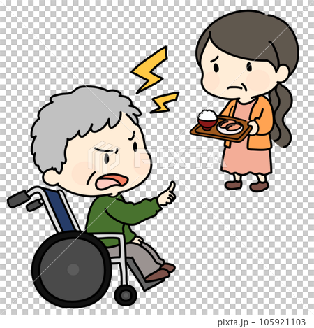 車椅子に座りながら怒る高齢男性と困る女性のイラスト 105921103