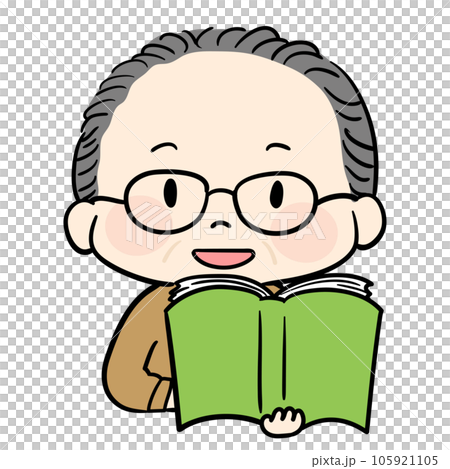 読書をする眼鏡をかけた高齢男性のシンプルで可愛い手描きイラストの