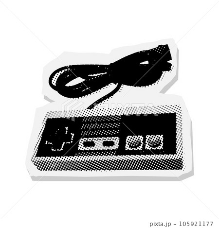 Retro gamepad in old halftone poster style. Vector illustration with vintage grunge punk cutout shape. 105921177