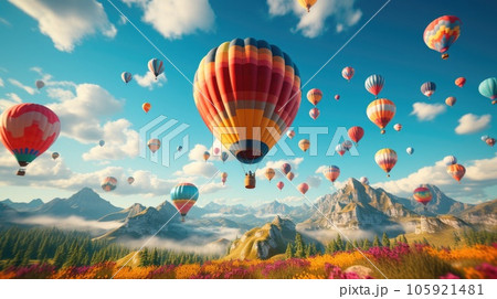 Colorful hot air balloons flying in the blue sky at the festival. 105921481
