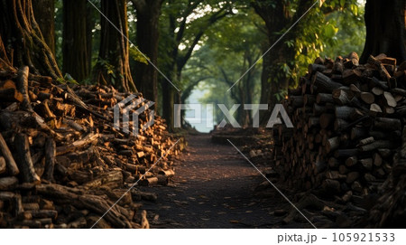 Stack of mangrove woods at charcoal factory. 105921533