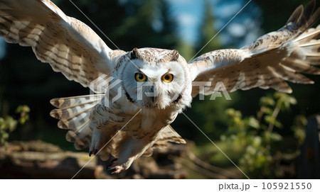 A white owl in flight with a nature background. 105921550