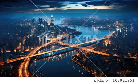 Aerial view of a bustling cityscape at night. 105921551