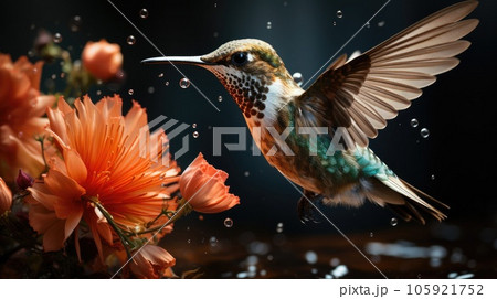 A hummingbird getting food from the flower, Wildlife scene from nature. 105921752
