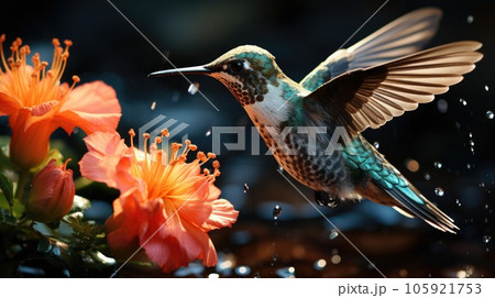 A hummingbird getting food from the flower, Wildlife scene from nature. 105921753