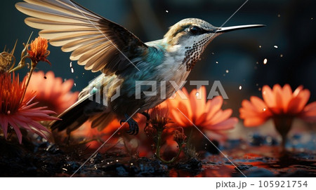 A hummingbird getting food from the flower, Wildlife scene from nature. 105921754