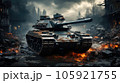 A military tank in a battlefield, Armored tank crosses a mine field during war. 105921755