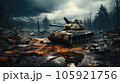 A military tank in a battlefield, Armored tank crosses a mine field during war. 105921756