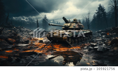 A military tank in a battlefield, Armored tank crosses a mine field during war. 105921756