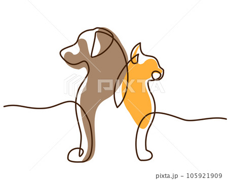 Pet symbol with cat and dog profiles. Continouos one line drawing. Pet symbol with cat and dog profiles. Continouos one line drawing. 105921909