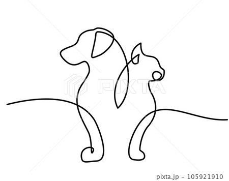 Pet symbol with cat and dog profiles. Continouos one line drawing. 105921910