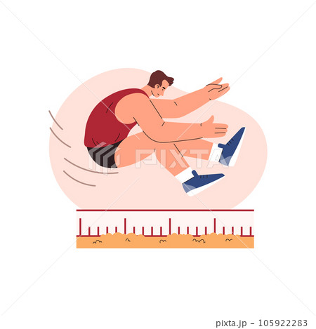 Long jump athlete in motion vector flat illustration, man in flight, sand pit with measuring scale, sport competition 105922283