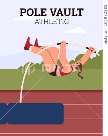 Pole vault athletic vector poster, vault jumper female athlete pole jump, cartoon sportswoman competition 105922288