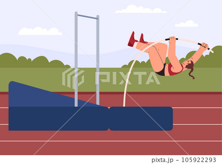Woman jumping with pole over bar, flat vector illustration. 105922293