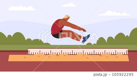 Man doing long jump on sand with ruler, flat vector illustration. 105922295