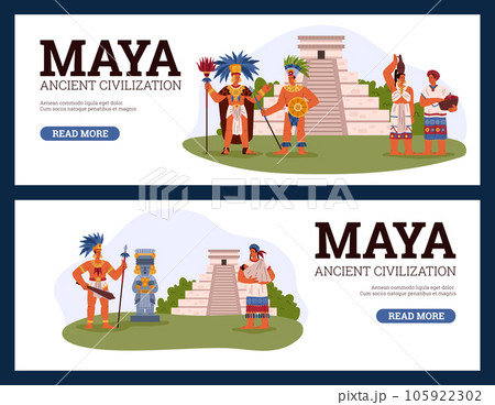 Maya tribal leader, warrior, women in ethnic costume near the pyramid, vector flyers set of Maya ancient civilization 105922302