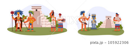 People of Maya civilization worshiping gods of nature, flat vector illustration isolated on white background. 105922306