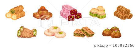 Tasty Oriental Sweets and Turkish Delights Vector Set 105922366