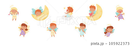 Cute Baby Angels with Nimbus and Wings Vector Set 105922373