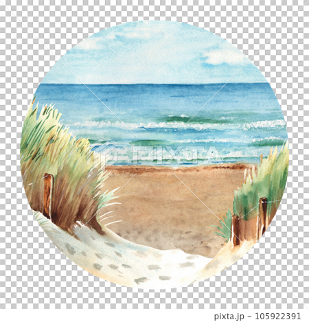 Baltic sea beach with sand dunes. Ostsee Panorama. Sunny Weather, blue sky with clouds. Hand drawn watercolor illustration. 105922391