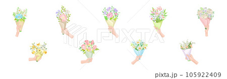 Hands Holding Flower Bouquets Wrapped in Paper Vector Set 105922409