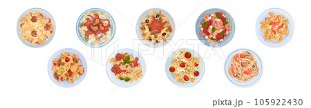 Different Pasta Dish as Italian Cuisine for Restaurant Menu Served on Plate Vector Set 105922430