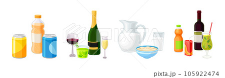 Drinks with Soda Can, Alcohol, Milk and Juice Vector Set 105922474