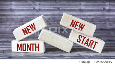 Text NEW MONTH NEW START on wooden blocks. Table top view, flat lay Text NEW MONTH NEW START on wooden blocks. Table top view, flat lay 105922845