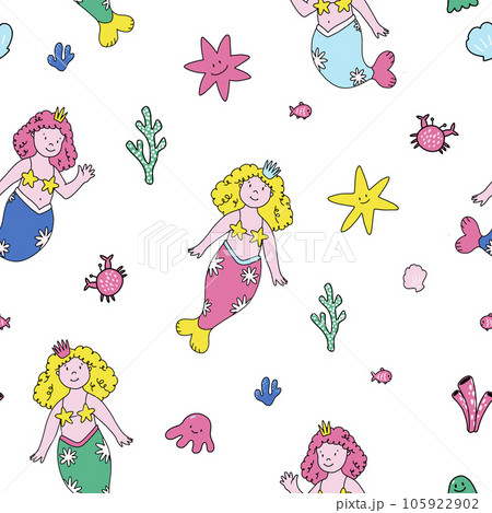 Beautiful vector seamless pattern with cute hand drawn mermaids and sea life. Beautiful vector seamless pattern with cute hand drawn mermaids and sea life. 105922902