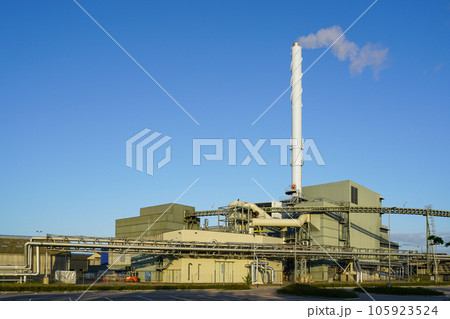 External view of large modern biomass cogeneration wood chip power plant with tall steam chimney External view of large modern biomass cogeneration wood chip power plant with tall steam chimney 105923524