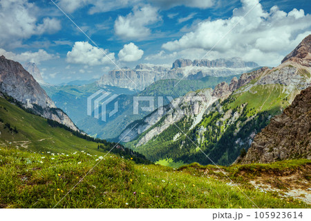 landscape with mountains, clouds and meadow 105923614